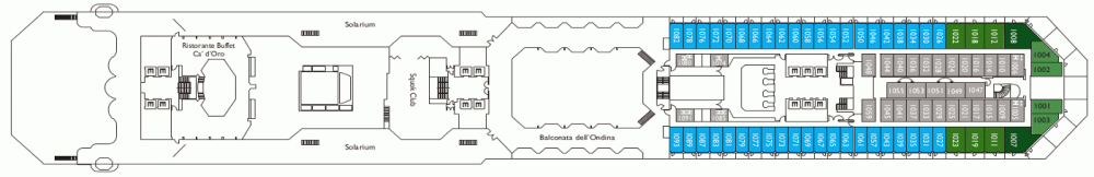 Палуба 10 - Escorial на круизен кораб Costa FAVOLOSA - разположение на каюти, ресторанти, места за забавления и спорт