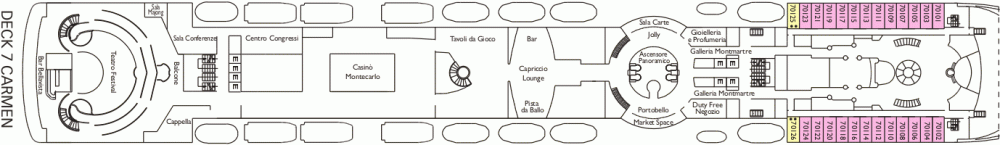 Палуба 4 - Carmen на круизен кораб Costa VICTORIA - разположение на каюти, ресторанти, места за забавления и спорт