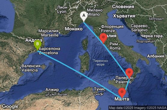 Маршрут на круиз 5 дни Италия, Малта, Испания - UW24