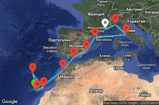 Маршрут на круиз France, Italy, Spain, Morocco, Canary Islands, Madeira - MRS13A0W