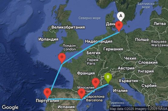 Маршрут на круиз 11 дни Дания, Германия, Франция, Португалия, Испания, Италия - UYCT