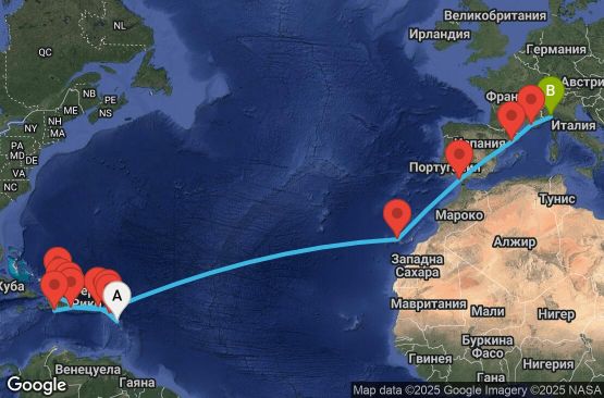 Маршрут на круиз Antilles, Virgin Islands, Dominican Republic, Turks Islands, Canary Islands, Spain, France, Italy - PTP25A08