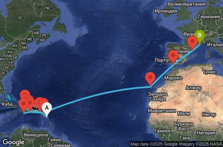 Маршрут на круиз Antilles, Virgin Islands, Dominican Republic, Turks Islands, Canary Islands, Spain, France - PTP24A04
