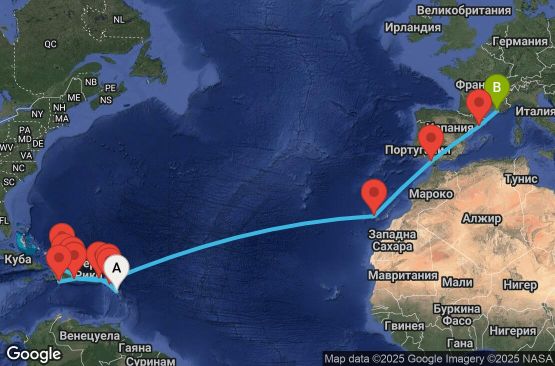 Маршрут на круиз Antilles, Virgin Islands, Dominican Republic, Turks Islands, Canary Islands, Spain, France - PTP24A04