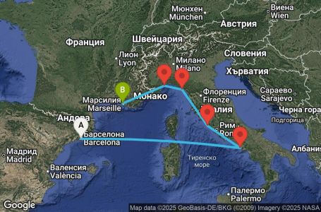 Маршрут на круиз 6 Дни Испания, Италия и Франция - BCN06A26