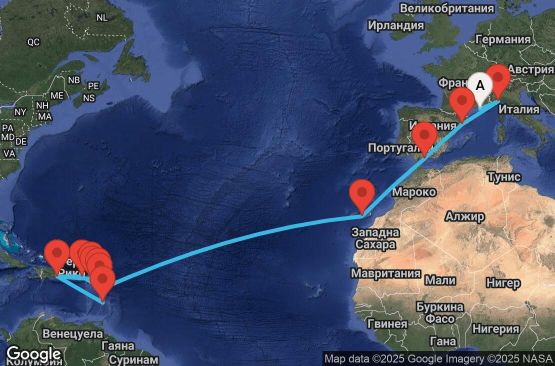 Маршрут на круиз France, Italy, Spain, Canary Islands, Antilles, Dominican Republic, Virgin Islands - MRS23A0J