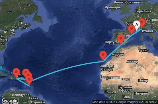 Маршрут на круиз France, Italy, Spain, Canary Islands, Antilles, Dominican Republic - MRS19A0V