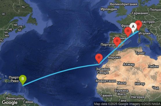 Маршрут на круиз France, Italy, Spain, Canary Islands, Antilles - MRS13A0X