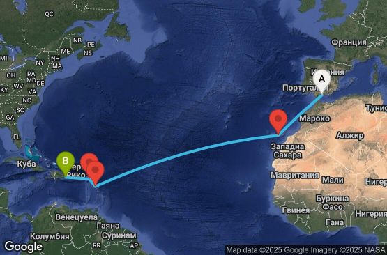 Маршрут на круиз Spain, Canary Islands, Antilles, Dominican Republic - AGP12A0H