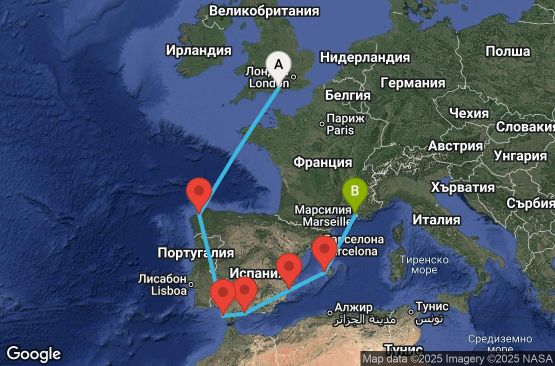 Маршрут на круиз 8 дни Великобритания, Испания, Франция - UY85