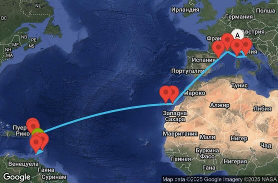 Маршрут на круиз 21 дни Италия, Франция, Испания, Нидерландски Антили, Сейнт Китс и Невис, Сейнт Винсент и Гренадини, Барбадос, Гренада, Мартиника - UYML