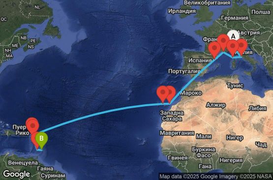 Маршрут на круиз 18 дни Италия, Франция, Испания, Нидерландски Антили, Сейнт Китс и Невис, Сейнт Винсент и Гренадини, Барбадос - UYMJ
