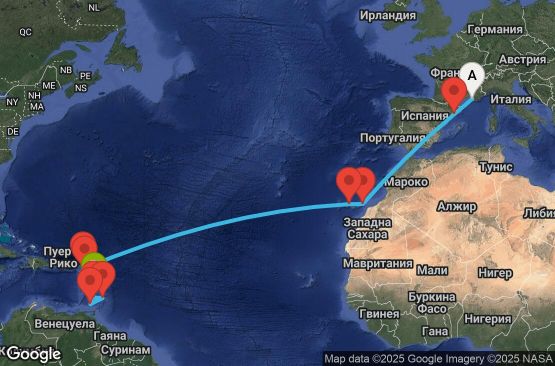 Маршрут на круиз 18 дни Франция, Испания, Нидерландски Антили, Сейнт Китс и Невис, Сейнт Винсент и Гренадини, Барбадос, Гренада, Мартиника - UYMS