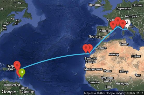 Маршрут на круиз 17 дни Италия, Франция, Испания, Нидерландски Антили, Сейнт Китс и Невис, Сейнт Винсент и Гренадини, Барбадос - UYMR