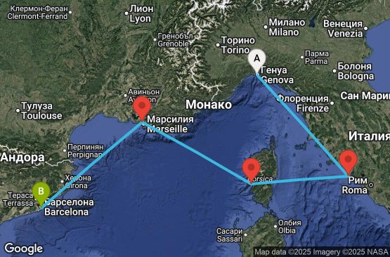 Маршрут на круиз 4 дни Италия, Франция, Испания - UYMD