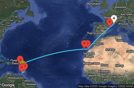 Маршрут на круиз 18 дни Франция, Испания, Нидерландски Антили, Сейнт Китс и Невис, Сейнт Винсент и Гренадини, Барбадос, Гренада, Мартиника - UYMS