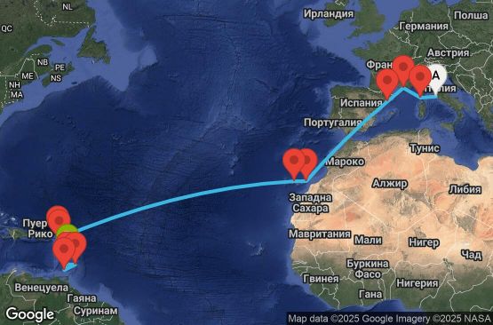 Маршрут на круиз 20 дни Италия, Франция, Испания, Нидерландски Антили, Сейнт Китс и Невис, Сейнт Винсент и Гренадини, Барбадос, Гренада, Мартиника - UYMP