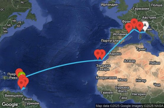 Маршрут на круиз 21 дни Италия, Франция, Испания, Нидерландски Антили, Сейнт Китс и Невис, Сейнт Винсент и Гренадини, Барбадос, Гренада, Мартиника, Гваделупа - UYMG