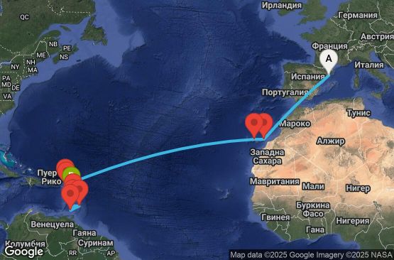 Маршрут на круиз 18 дни Испания, Нидерландски Антили, Сейнт Китс и Невис, Сейнт Винсент и Гренадини, Барбадос, Гренада, Мартиника, Гваделупа - UYMK