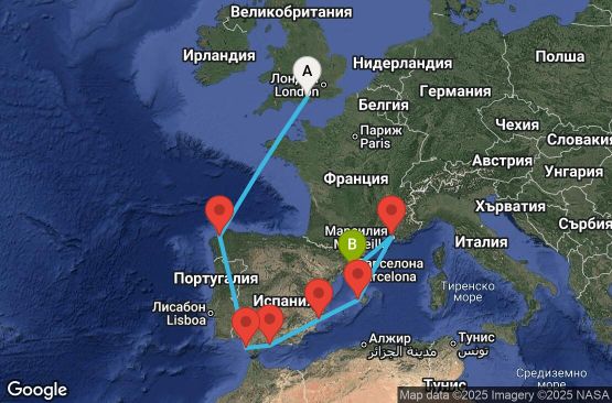 Маршрут на круиз 9 дни Великобритания, Испания, Франция - UY7X