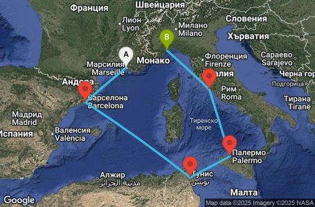Маршрут на круиз 6 дни Франция, Испания, Тунис, Италия - MRS06A37