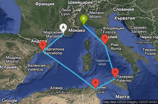 Маршрут на круиз 6 дни Франция, Испания, Тунис, Италия - MRS06A37