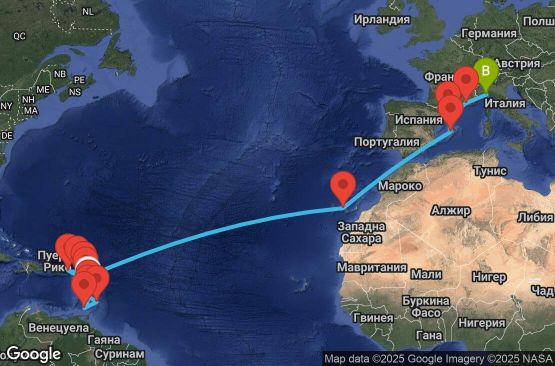 Маршрут на круиз 24 дни Мартиника, Гваделупа, Сейнт Лусия, Барбадос, Гренада, Сейнт Винсент и Гренадини, Нидерландски Антили, Британски вирджински острови, Антигуа и Барбуда, Испания, Франция, Италия - UYP0