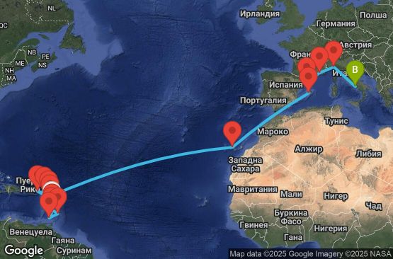 Маршрут на круиз 25 дни Мартиника, Гваделупа, Сейнт Лусия, Барбадос, Гренада, Сейнт Винсент и Гренадини, Нидерландски Антили, Британски вирджински острови, Антигуа и Барбуда, Испания, Франция, Италия - UYP1