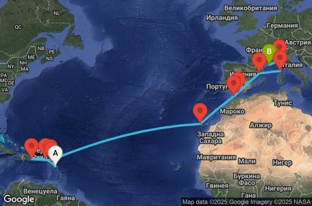 Маршрут на круиз 20 дни Гваделупа, Сейнт Китс и Невис, Британски вирджински острови, Доминиканска република, Нидерландски Антили, Испания, Мароко, Франция, Италия - PTP20A06