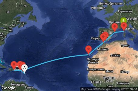 Маршрут на круиз 19 дни Гваделупа, Сейнт Китс и Невис, Британски вирджински острови, Доминиканска република, Нидерландски Антили, Испания, Мароко, Франция, Италия - PTP19A05