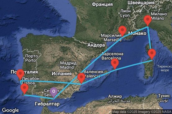 Маршрут на круиз 10 дни Испания, Португалия, Италия, Франция - UYNB