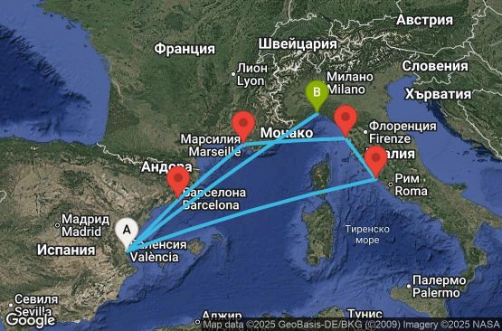 Маршрут на круиз 8 дни Испания, Франция, Италия - UYLO