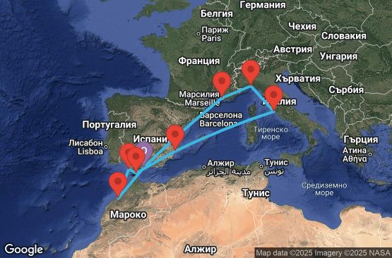 Маршрут на круиз 10 дни Испания, Мароко, Гибралтар, Италия, Франция - UYNO