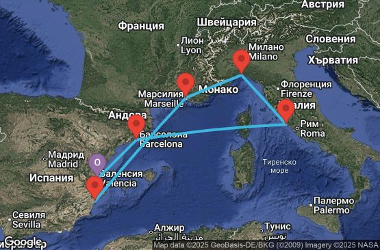 Маршрут на круиз 8 дни Испания, Италия, Франция - UULG