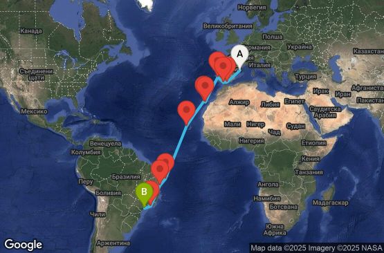 Маршрут на круиз Spain, Portugal, Canary Islands, Cape Verde, Brazil - BCN20A0P