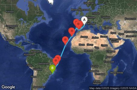 Маршрут на круиз Spain, Portugal, Canary Islands, Cape Verde, Brazil - BCN19A12