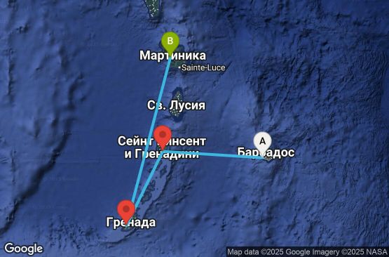Маршрут на круиз 4 дни Барбадос, Сейнт Винсент и Гренадини, Гренада, Мартиника - UYRF