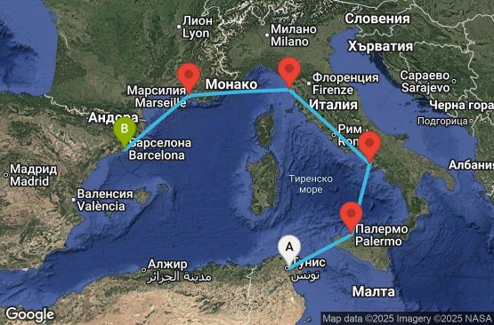 Маршрут на круиз 5 дни Тунис, Италия, Франция, Испания - UWSU