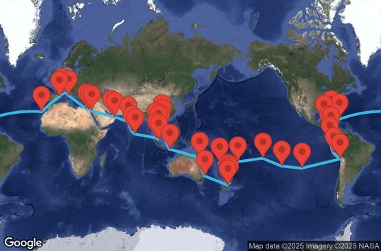 Маршрут на круиз 115 дни Италия, Франция, Испания, Търкс и Кайкос, Бахамските острови, Мексико, Коста Рика, Панама, Еквадор, Перу, Чили, Великобритания, Френска Полинезия, Тонга, Нова Каледония, Нова Зеландия, Австралия, Индонезия, Виетнам, Тайланд, Камбоджа, Сингапур, Малайзия, Шри Ланка, Индия, Обединени арабски емирства, Оман, Йордания, Египет - UYX3