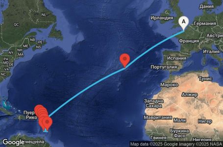 Маршрут на круиз 21 дни Франция, Португалия, Антигуа и Барбуда, Сейнт Винсент и Гренадини, Барбадос, Мартиника, Гваделупа, Нидерландски Антили, Сейнт Китс и Невис, Доминика - UYWZ