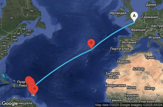 Маршрут на круиз 20 дни Франция, Португалия, Антигуа и Барбуда, Сейнт Винсент и Гренадини, Барбадос, Мартиника, Гваделупа, Нидерландски Антили, Сейнт Китс и Невис, Доминика - UYWX