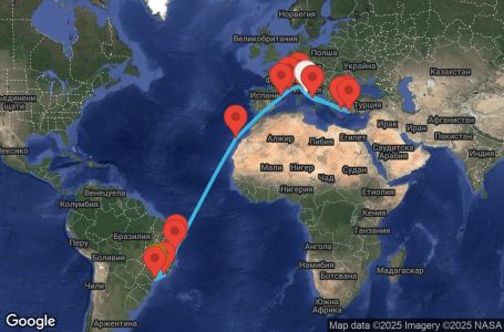 Маршрут на круиз 25 дни Италия, Гърция, Турция, Франция, Испания, Бразилия - UYUR