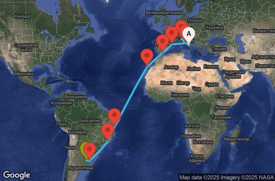Маршрут на круиз 21 дни Италия, Испания, Бразилия, Уругвай, Аржентина - UYVT