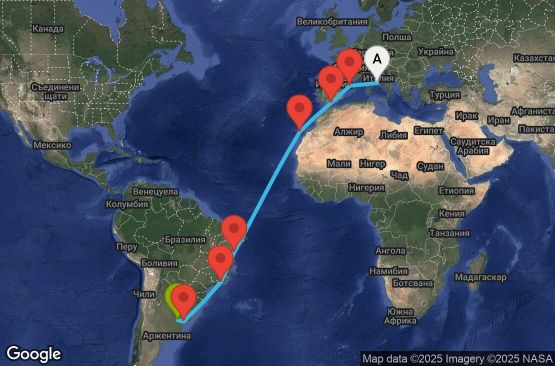Маршрут на круиз 19 дни Италия, Испания, Бразилия, Уругвай, Аржентина - UYVN