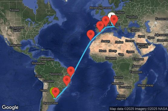 Маршрут на круиз 20 дни Италия, Испания, Бразилия, Уругвай, Аржентина - UYVL
