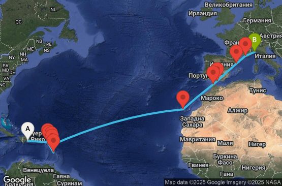 Маршрут на круиз Antilles, Canary Islands, Morocco, Spain, France, Italy - SDQ20A01