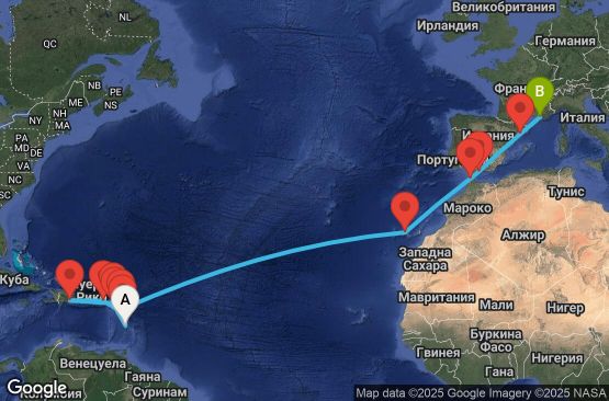 Маршрут на круиз Antilles, Virgin Islands, Canary Islands, Morocco, Spain, France - FDF23A0C