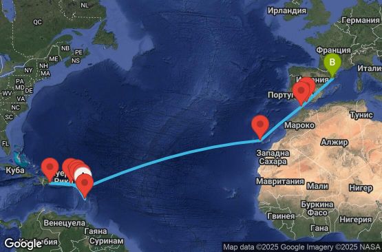 Маршрут на круиз Antilles, Virgin Islands, Canary Islands, Morocco, Spain - PTP21A0F