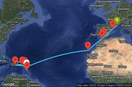 Маршрут на круиз Antilles, Virgin Islands, Canary Islands, Morocco, Spain, France - PTP22A0C