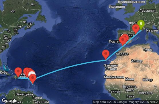 Маршрут на круиз Antilles, Virgin Islands, Canary Islands, Morocco, Spain, France - PTP22A0C